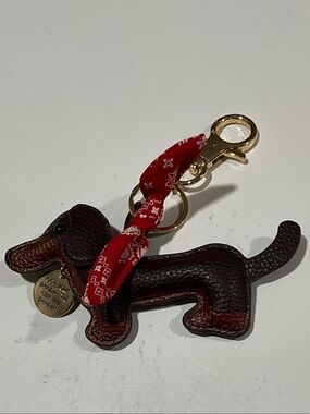 Brown Leather Dachshund Keychain with Red Bandana and Gold Hardware